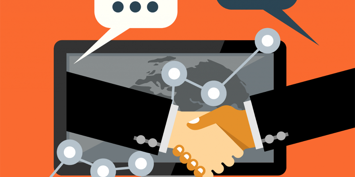 shaking hands with computer