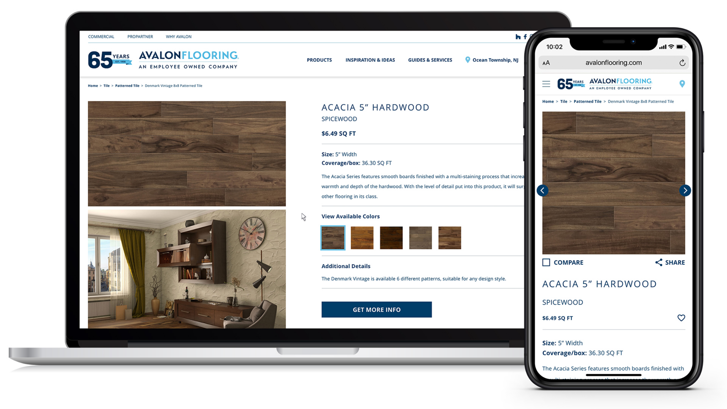 avalon flooring shopping page version, showing site navigation and virtual shopiing options