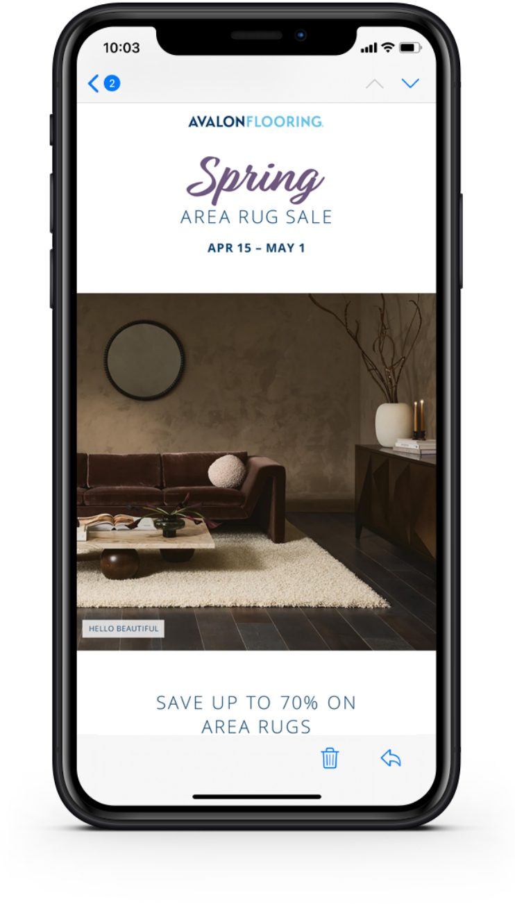 avalon flooring home page mobile version, showing virtual shopping options