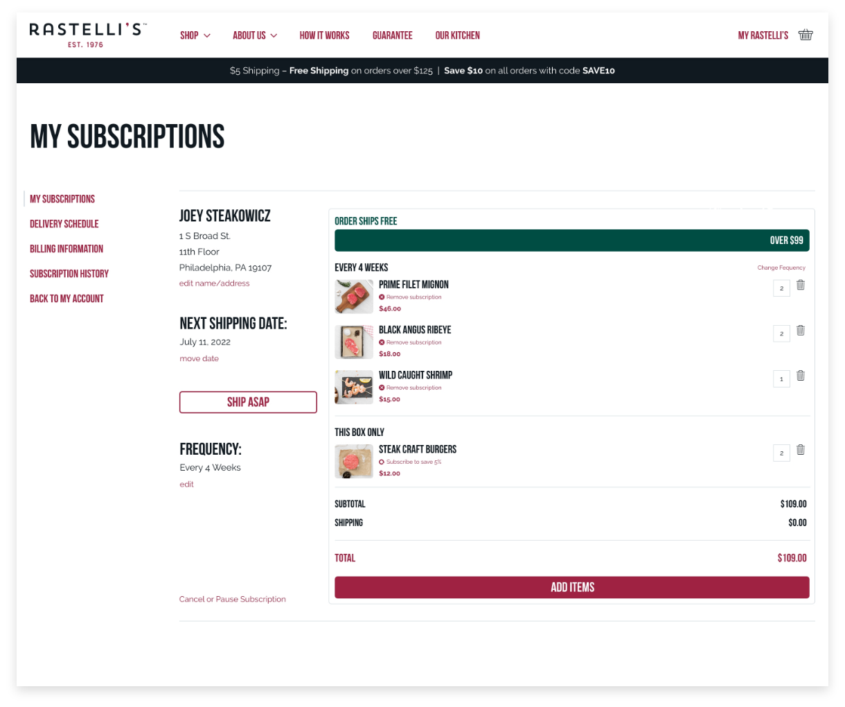 rastellis website homepage mobile version, featuring product image and shop now option