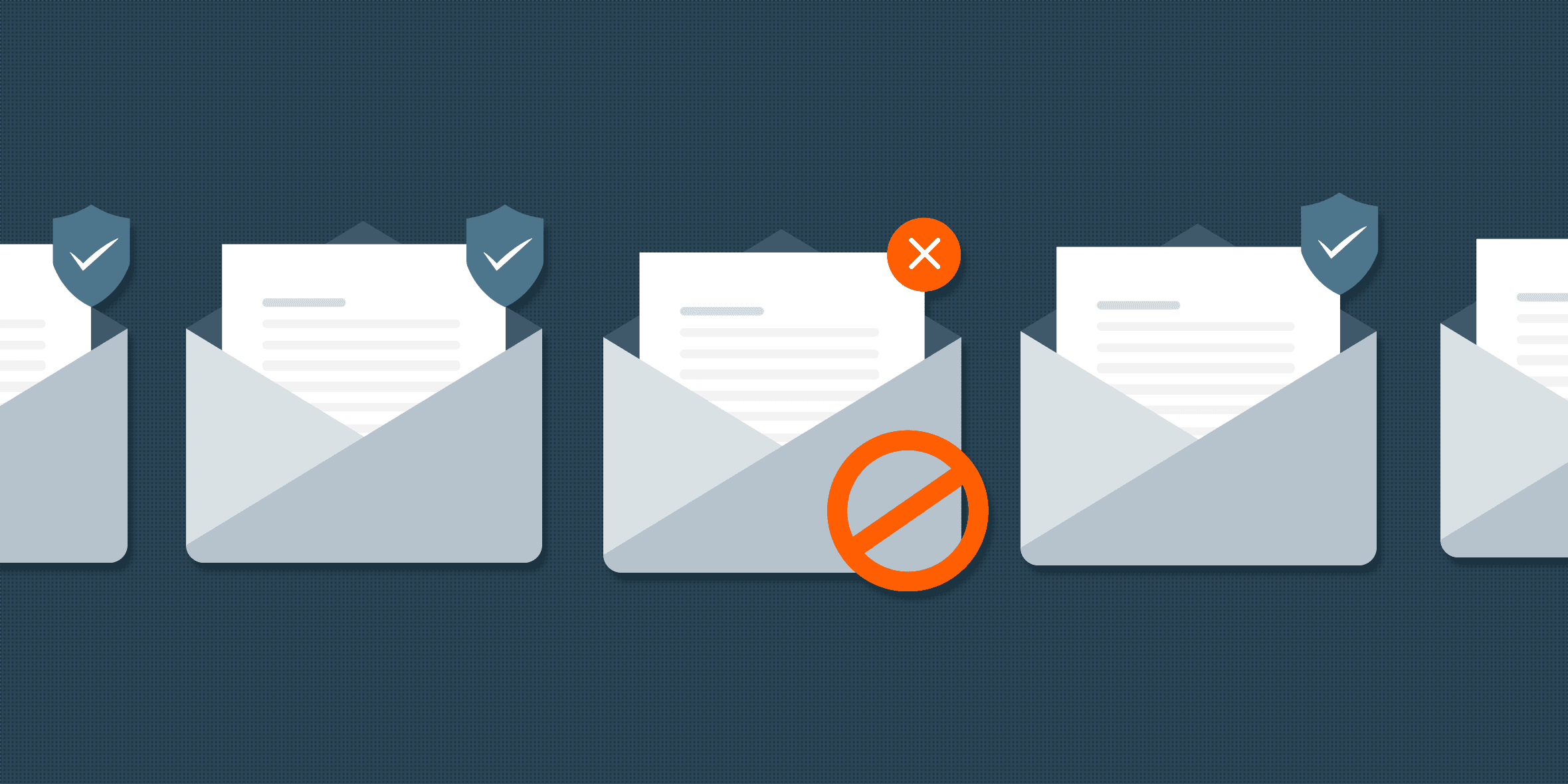 A series of envelopes with one being rejected as spam.