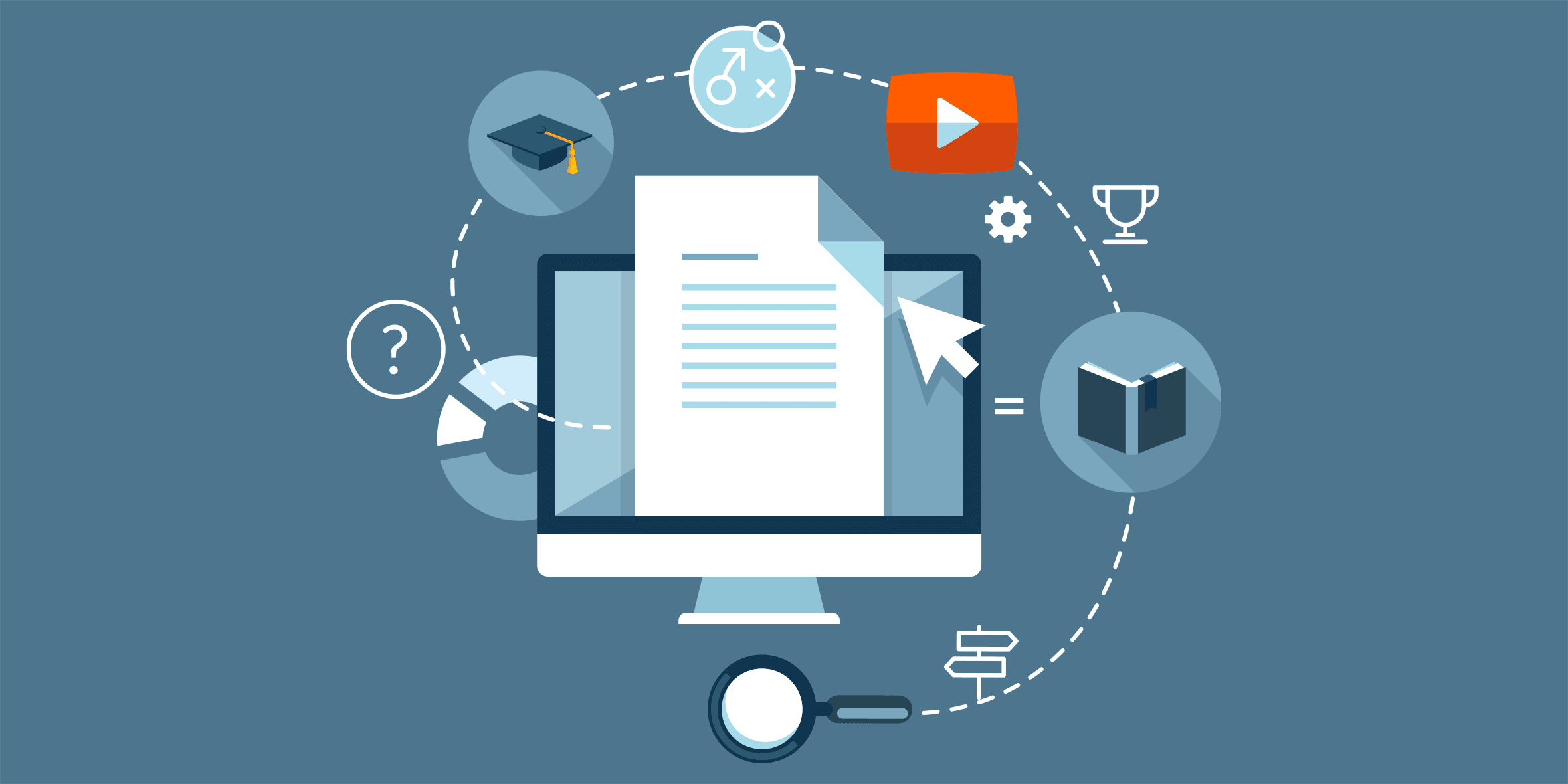 a computer with an icon of a book, an icon of a graduation cap, an icon of a video play button and an icon of a trophy, circling around it 