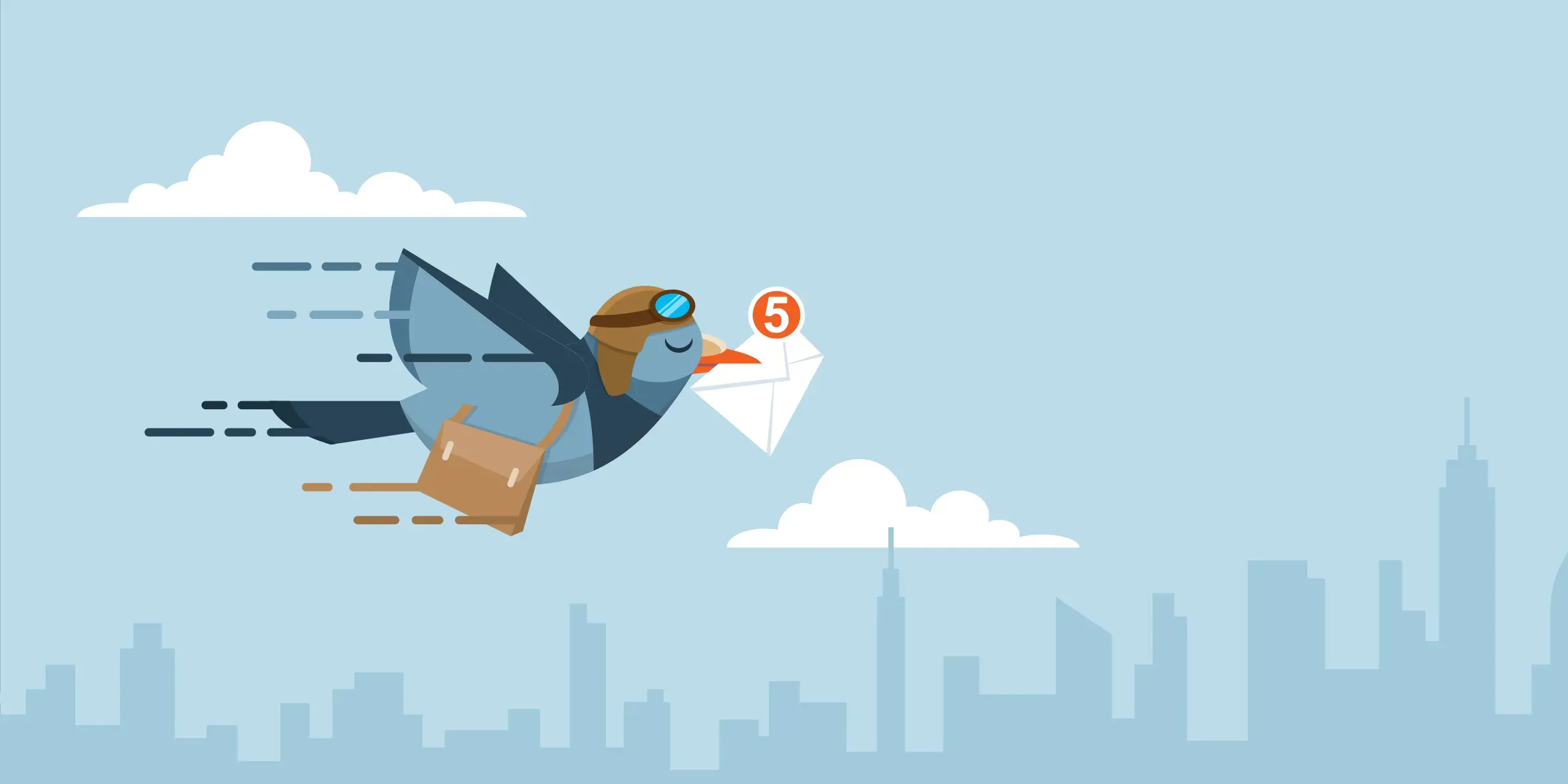 A bird flying through the air carrying mail