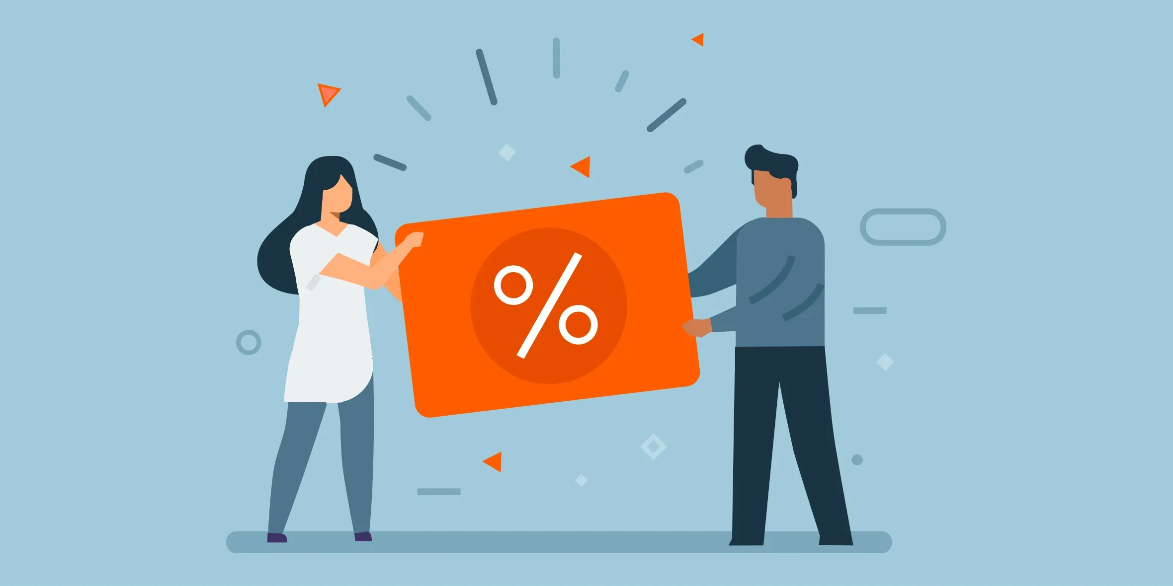 Two people hold a large orange card with a white percent symbol on it, set against a blue background with abstract shapes.